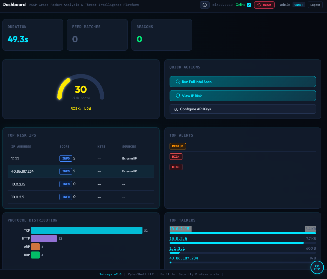 Intreys Dashboard — risk gauge, stat cards, protocol distribution, top risk IPs, and alert summary